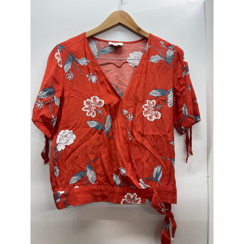 Loft Womens XS Red Floral Wrap Blouse Short Sleeve Tie Cuff V-Neck Top